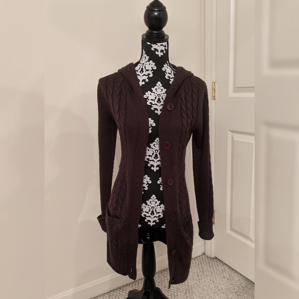 5/$25 Long brown hooded cardigan with pockets